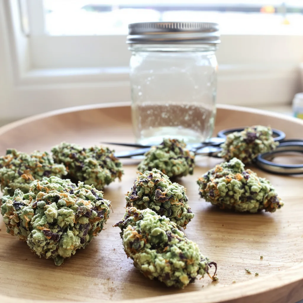 Amnesia Lemon 43% indica / 57% sativa — fleur avec trichomes visibles