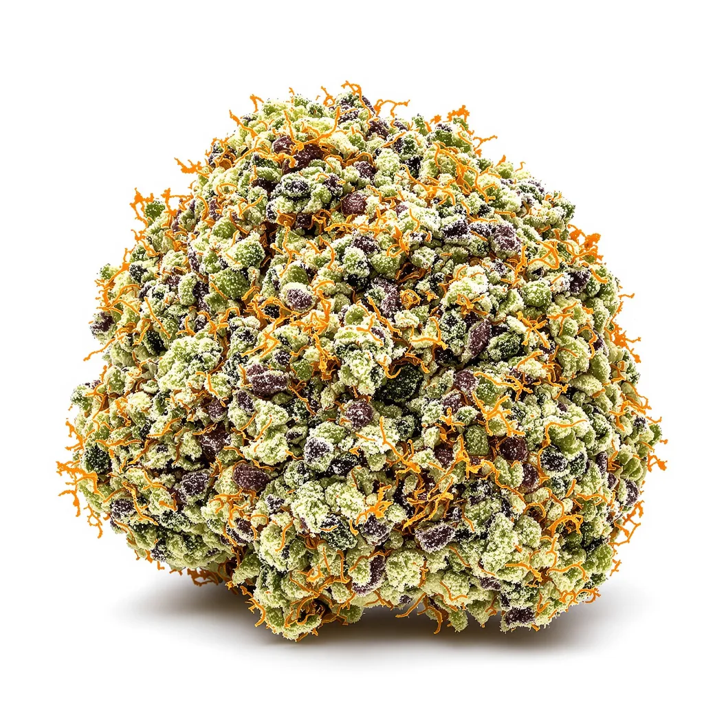 Amnesia Lemon 43% indica / 57% sativa — fleur avec trichomes visibles