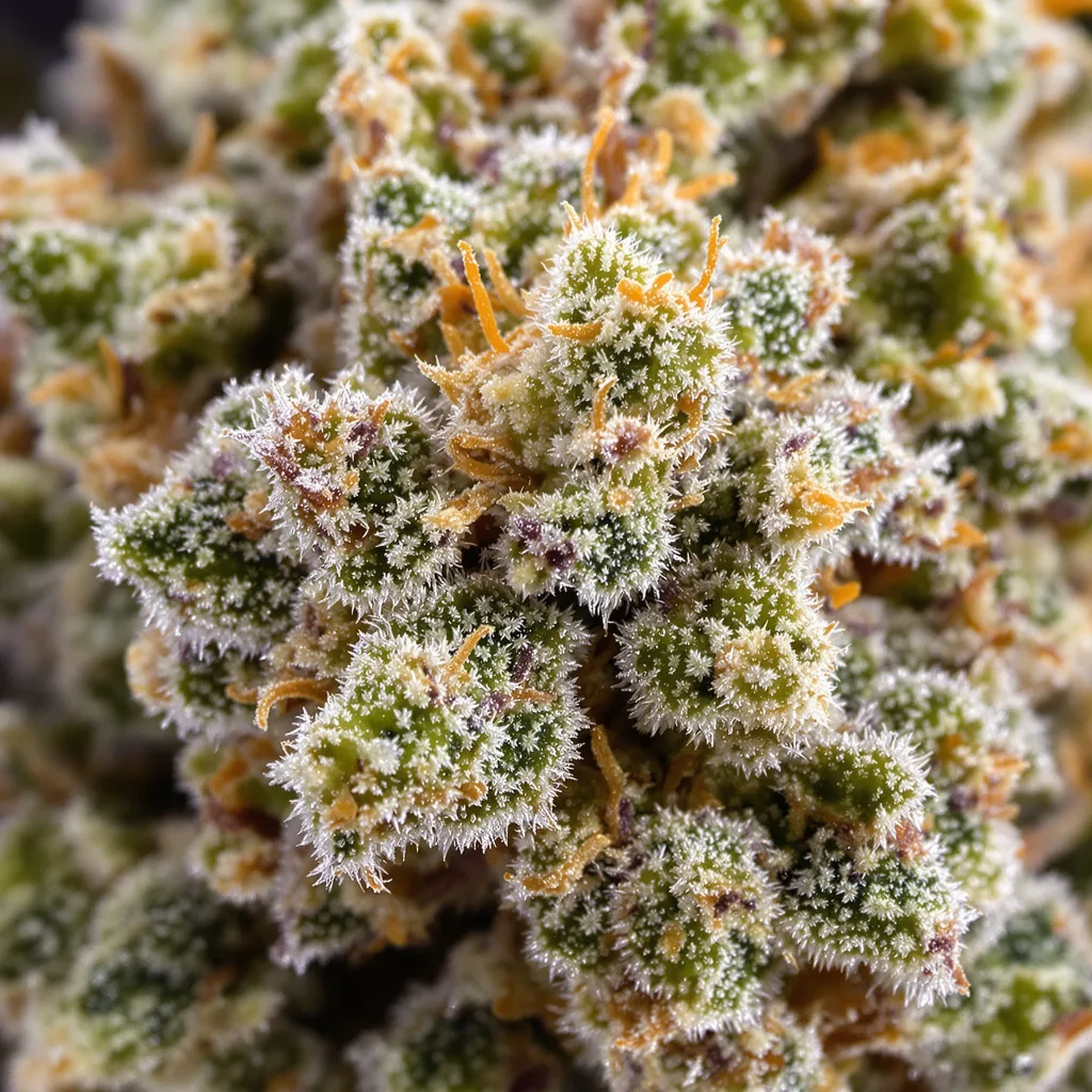 Gros plan de fleur de cannabis Amsterdam montrant nugs denses vert forêt