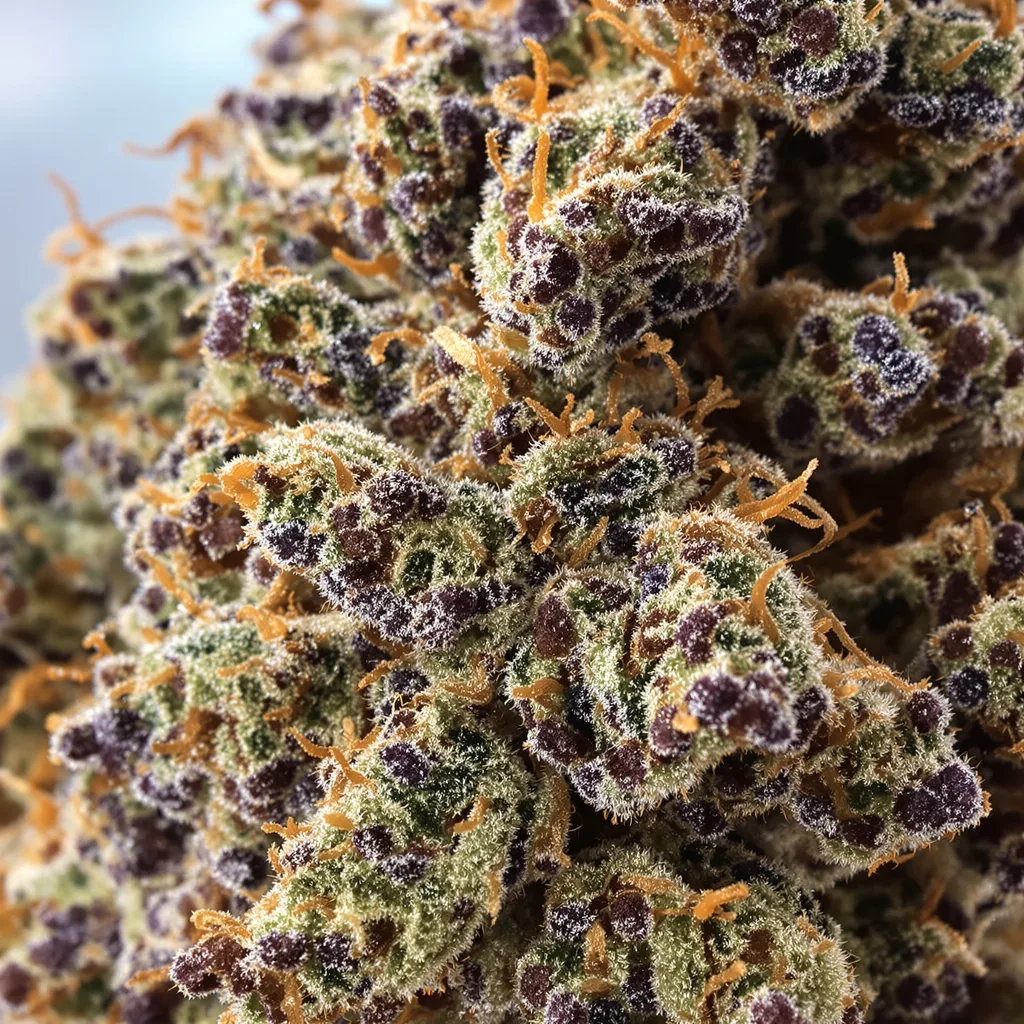 Gros plan de fleur de cannabis Ancient Kush montrant calices denses aux reflets violets
