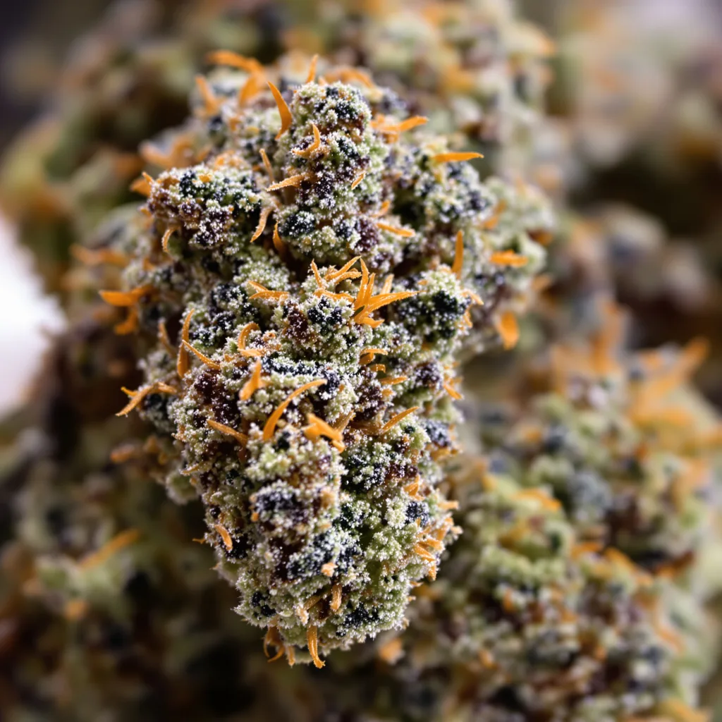 Gros plan de fleur de cannabis Ancient OG montrant calices denses aux reflets violets