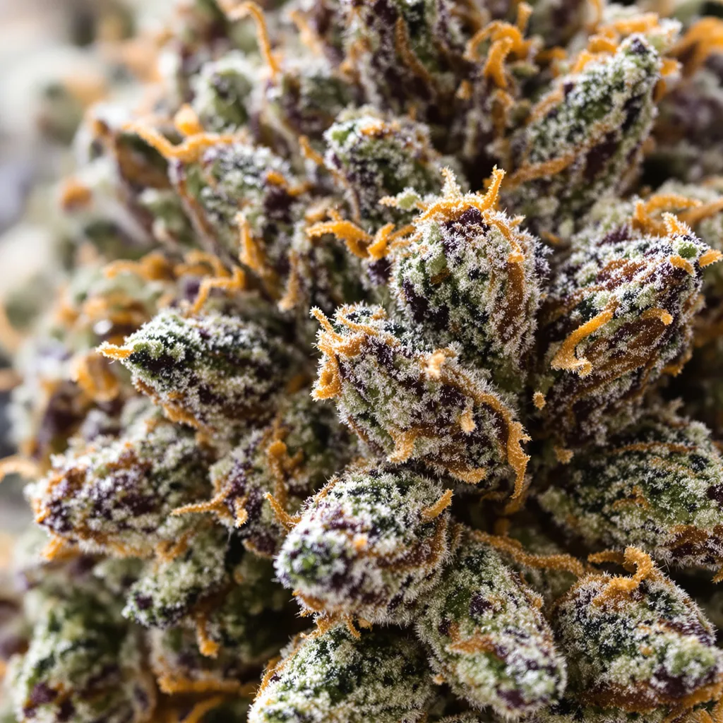 Gros plan de fleur de cannabis Anesthesia montrant calices denses aux reflets violets