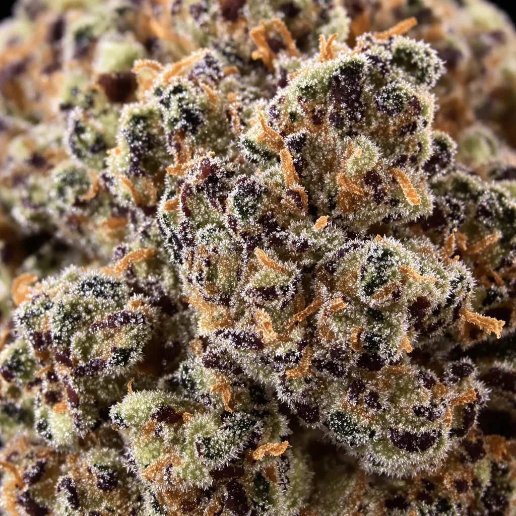 Gros plan de fleur de cannabis Angel OG montrant calices denses aux reflets violets