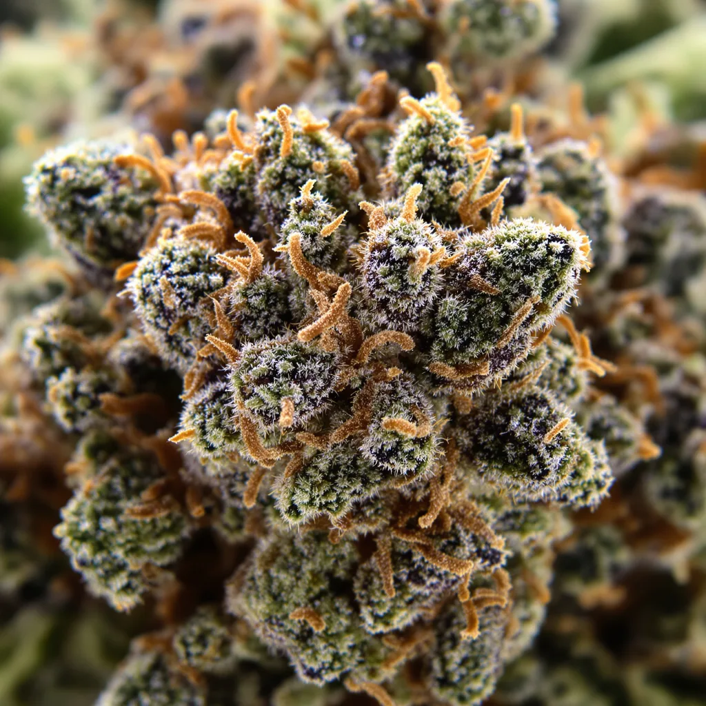 Gros plan de fleur de cannabis Anonymous OG montrant calices denses aux reflets violets