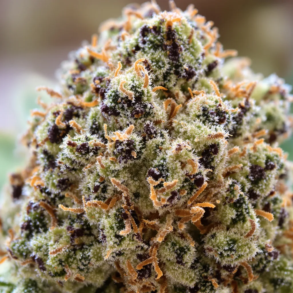 Gros plan de fleur de cannabis Ape Shit montrant structure équilibrée avec trichomes givrés
