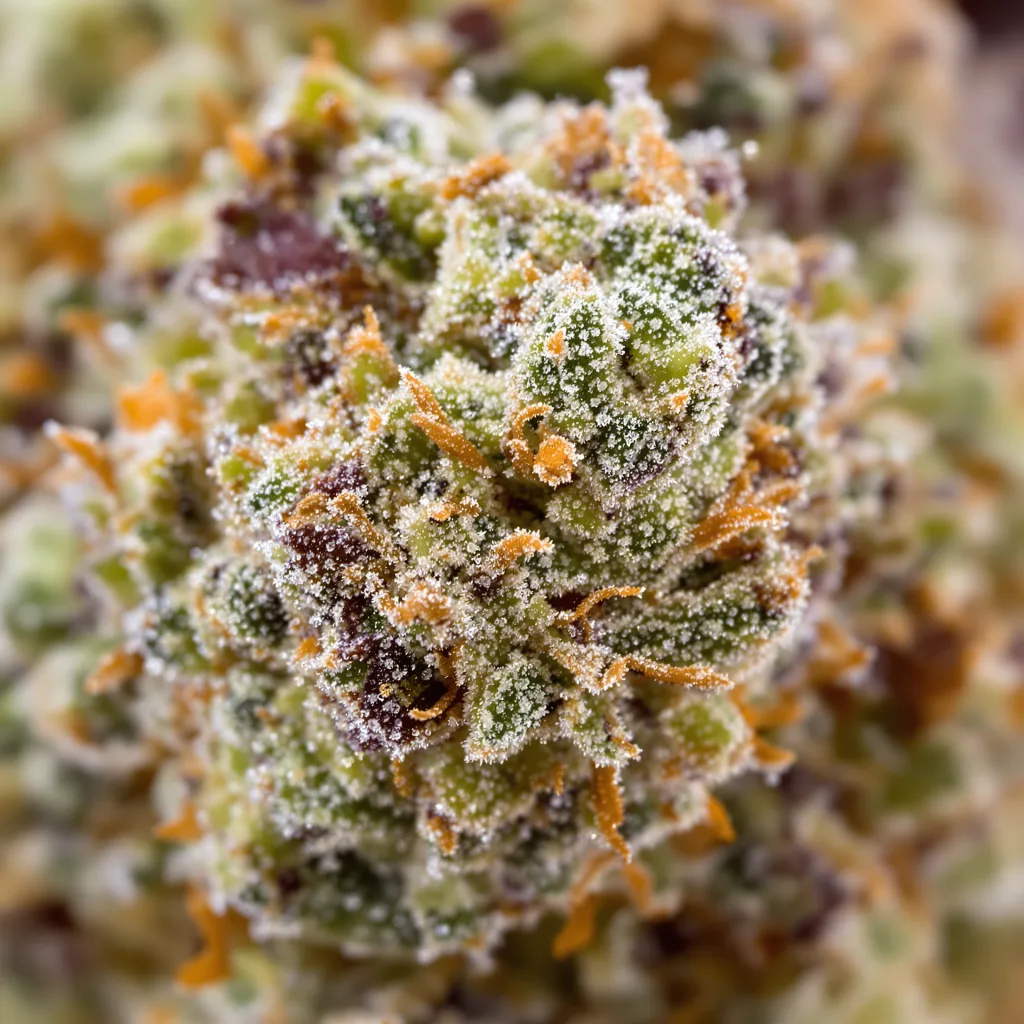 Gros plan de fleur de cannabis Apple Betty montrant structure ouverte avec pistils orangés