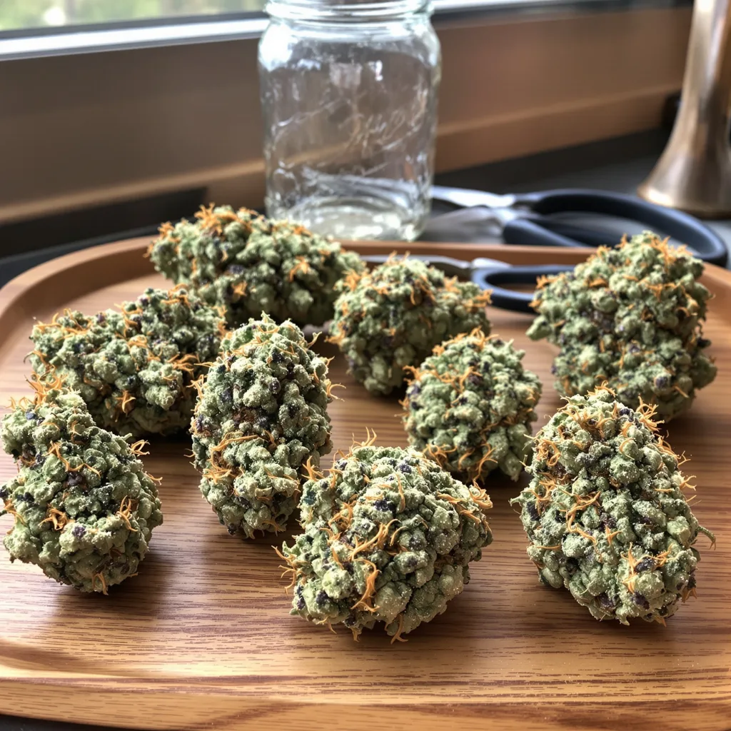 Apple Crisp 53% indica / 47% sativa — fleur avec trichomes visibles