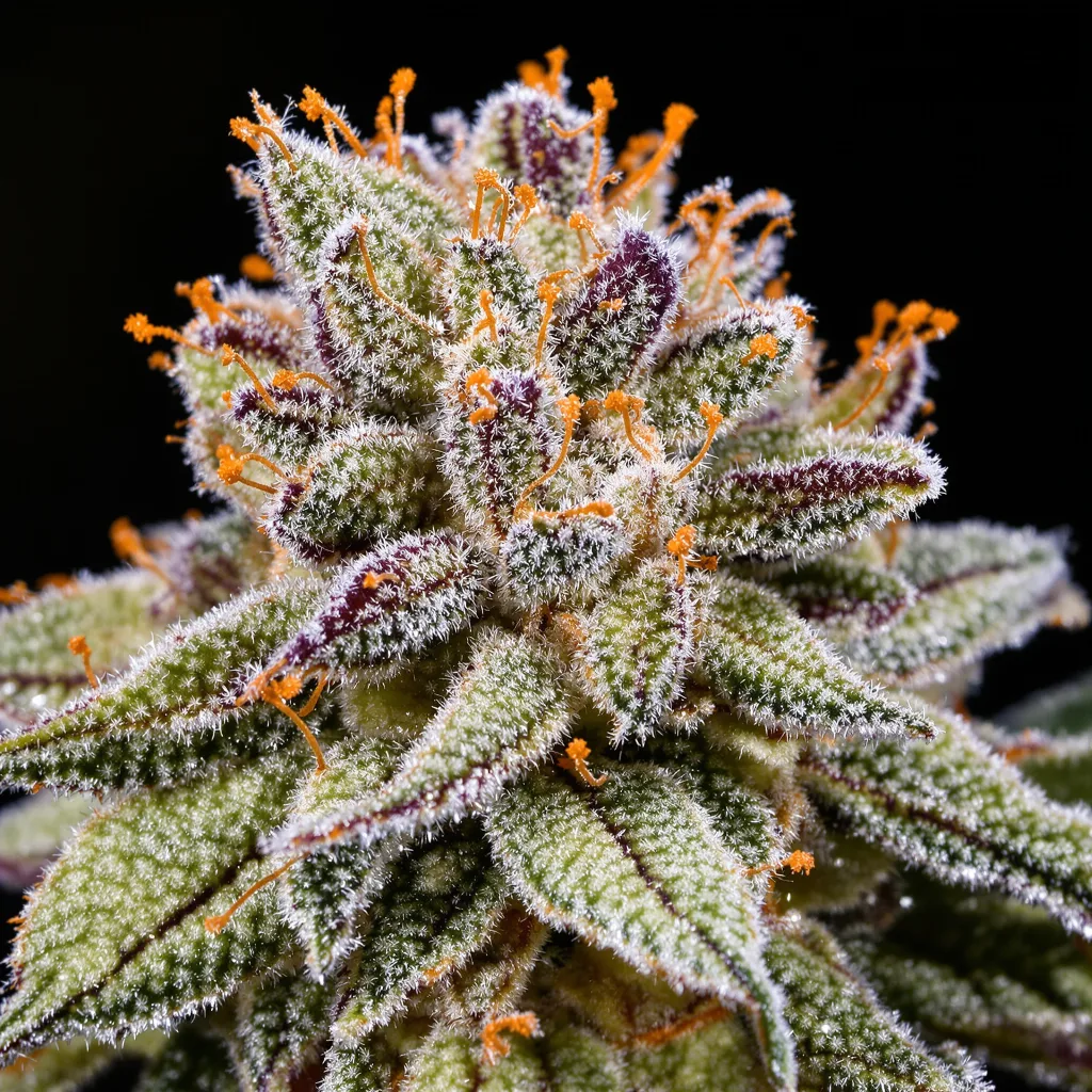 Gros plan de fleur de cannabis Apple Mintz montrant structure ouverte avec pistils orangés
