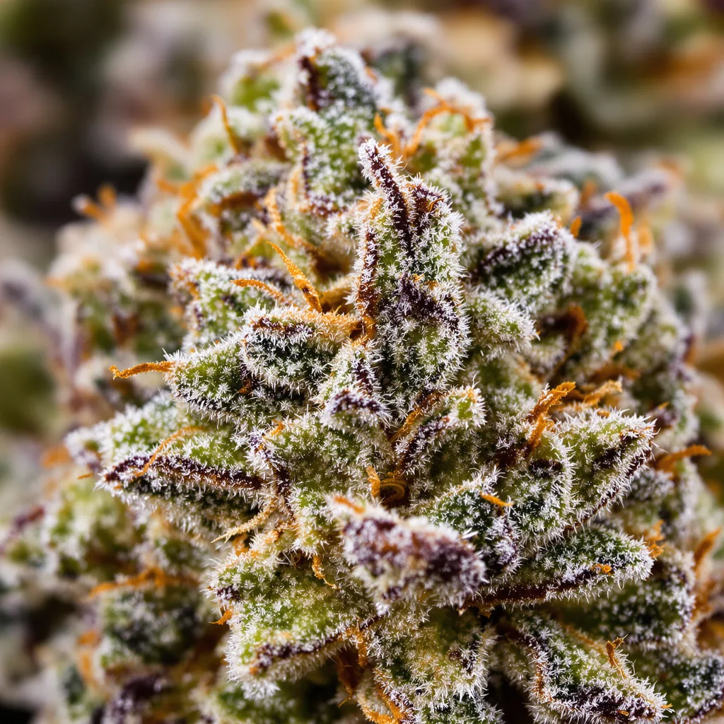 Gros plan de fleur de cannabis Apple Pie montrant structure équilibrée avec trichomes givrés