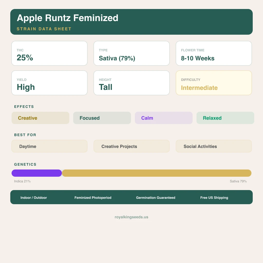 Apple Runtz 21% indica / 79% sativa — fleur avec trichomes visibles