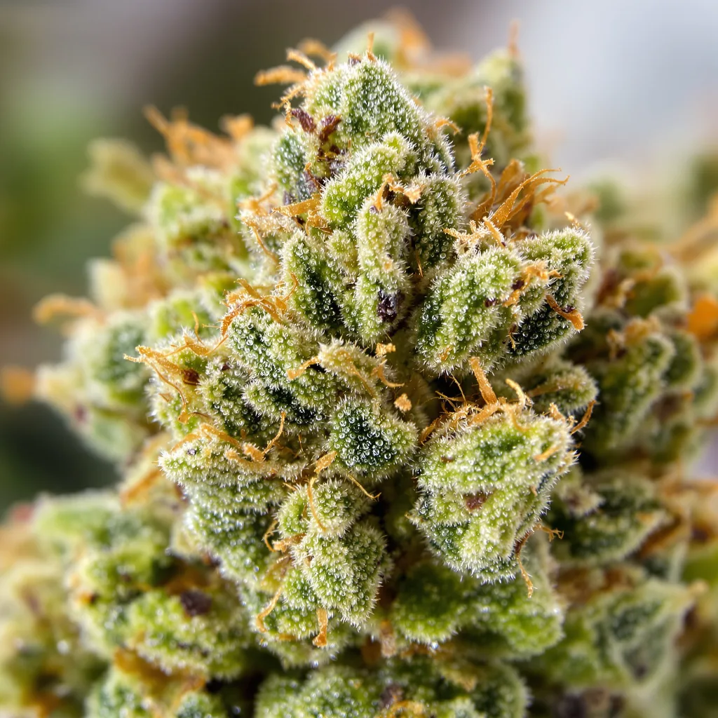 Gros plan de fleur de cannabis Apple Runtz montrant structure aérée vert lime