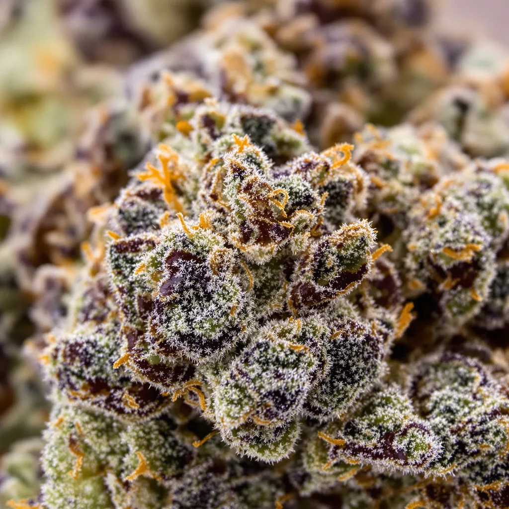 Gros plan de fleur de cannabis Appleberry montrant calices denses aux reflets violets