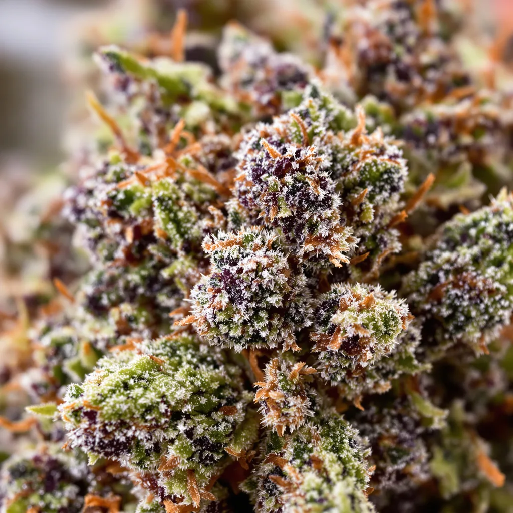 Gros plan de fleur de cannabis Appleberry montrant calices denses aux reflets violets