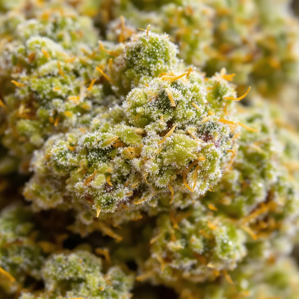 Gros plan de fleur de cannabis Arctic Sun montrant structure aérée vert lime