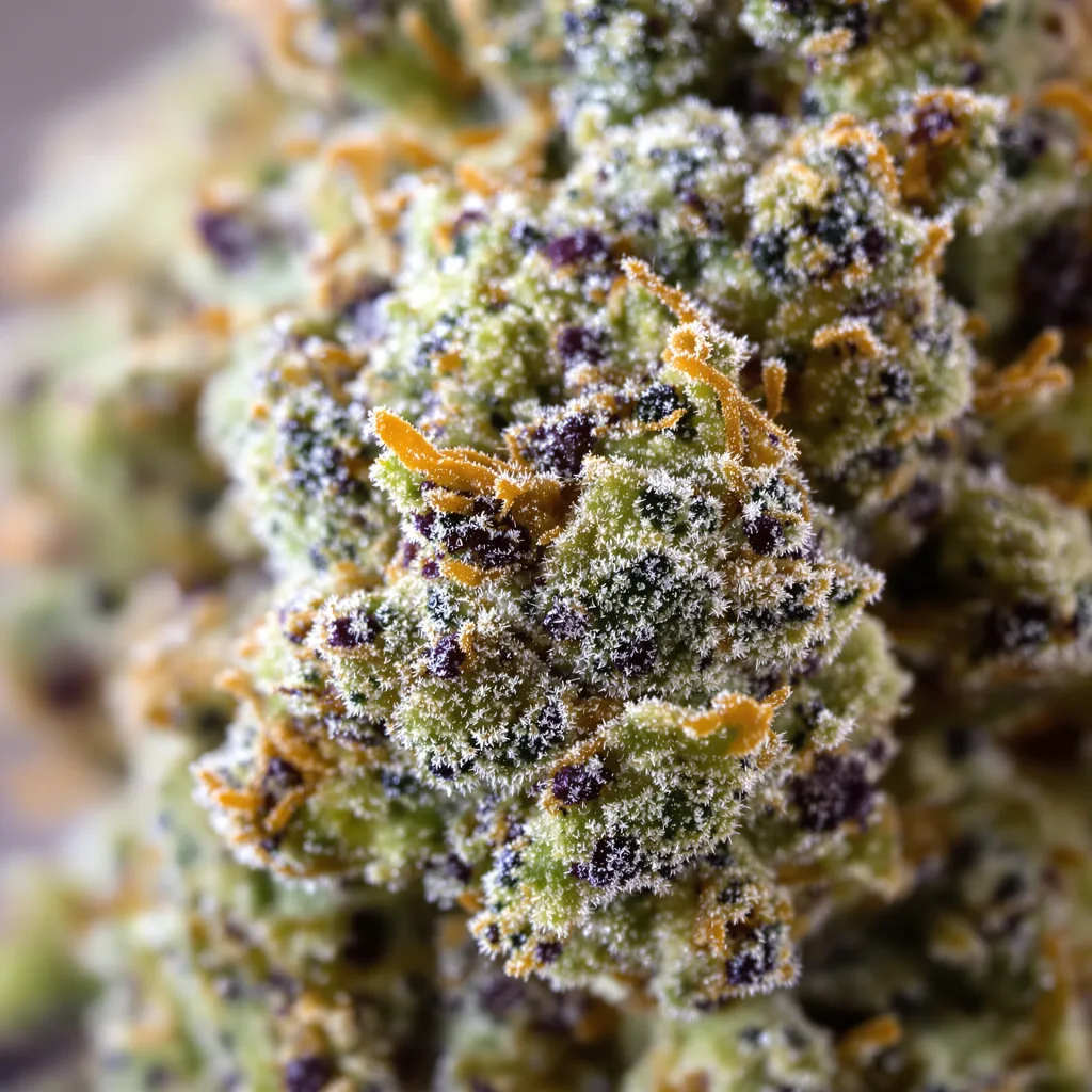 Gros plan de fleur de cannabis Area 51 montrant structure ouverte avec pistils orangés