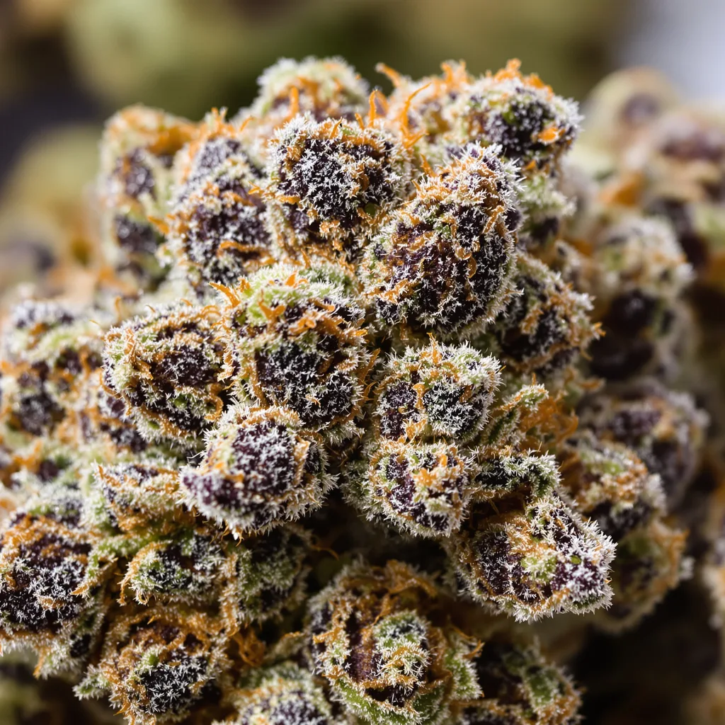 Gros plan de fleur de cannabis Aspen OG montrant calices denses aux reflets violets