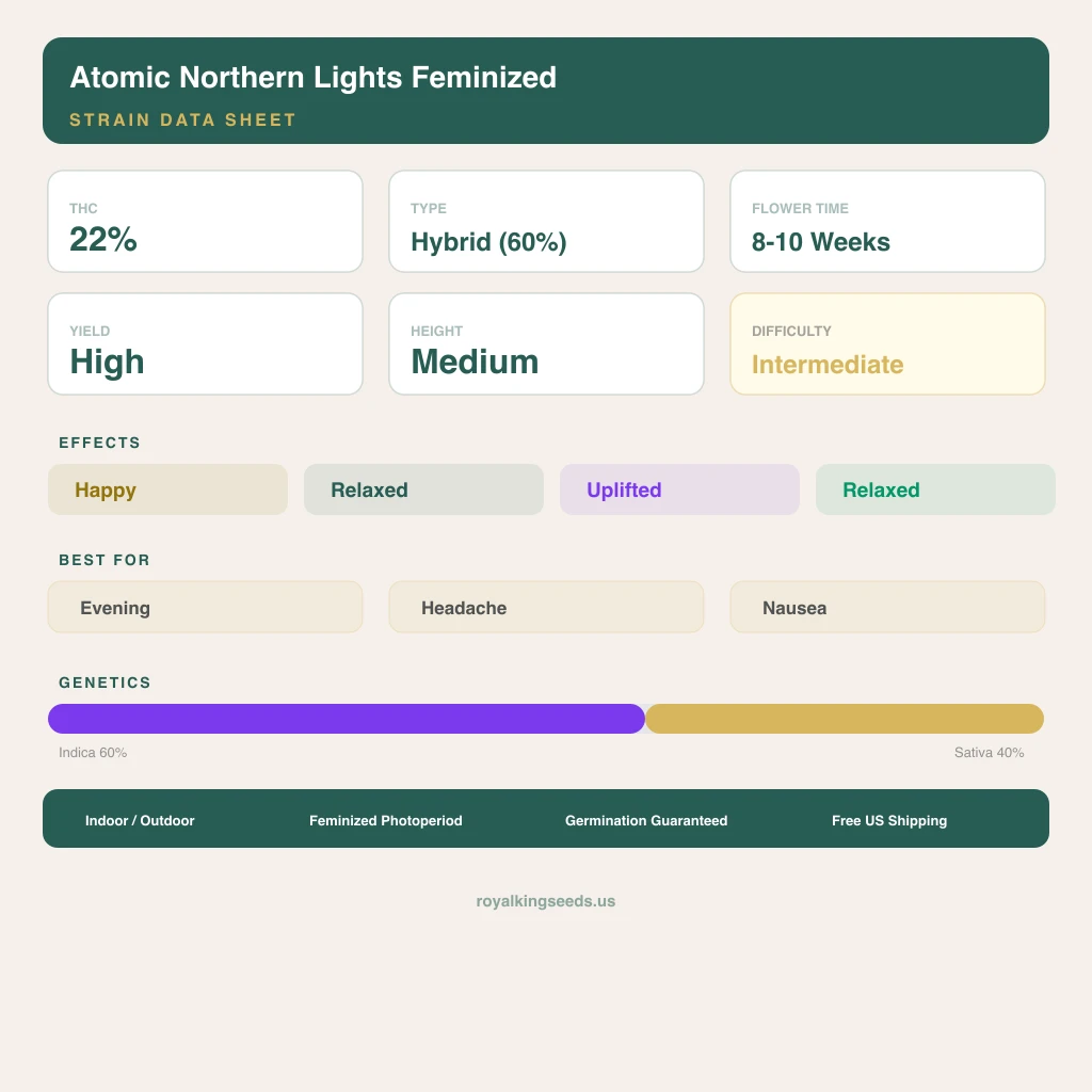 Atomic Northern Lights 60% indica / 40% sativa — fleur avec trichomes visibles