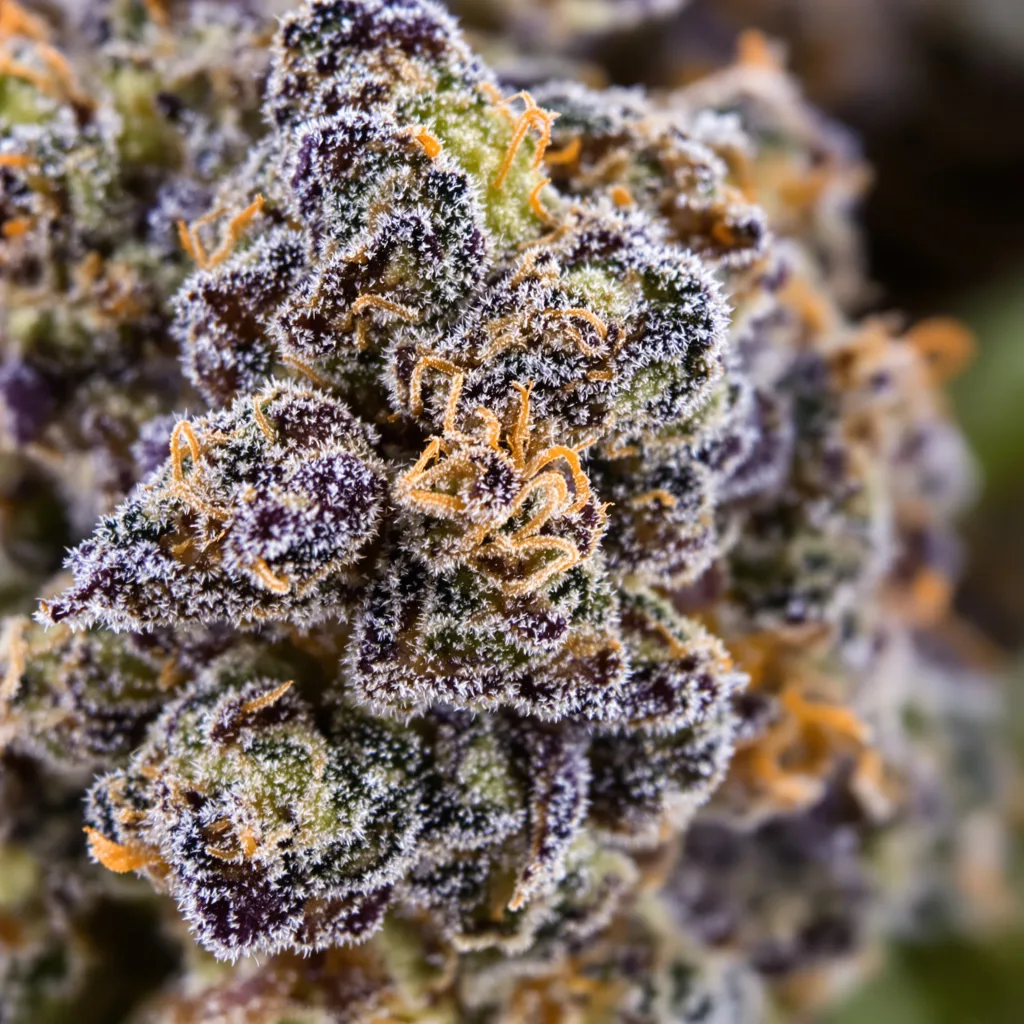 Gros plan de fleur de cannabis Aurora montrant calices denses aux reflets violets