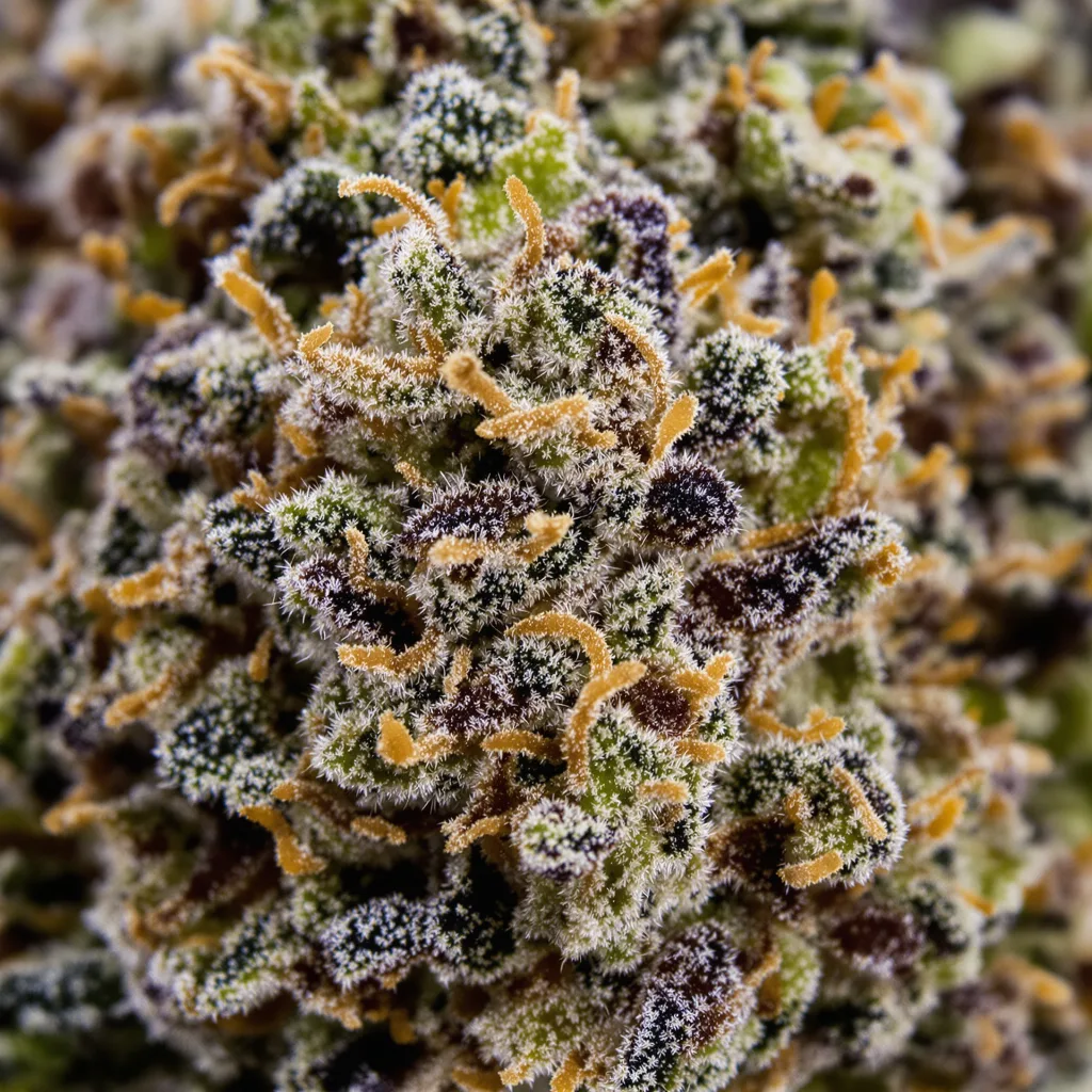 Gros plan de fleur de cannabis Avalon montrant calices denses aux reflets violets