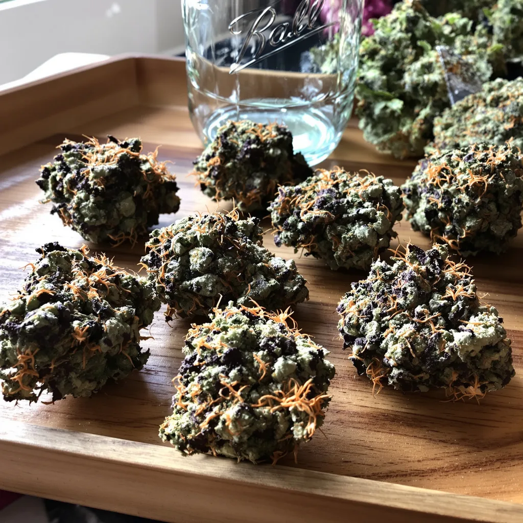 Ayahuasca Purple 73% indica / 27% sativa — fleur avec trichomes visibles