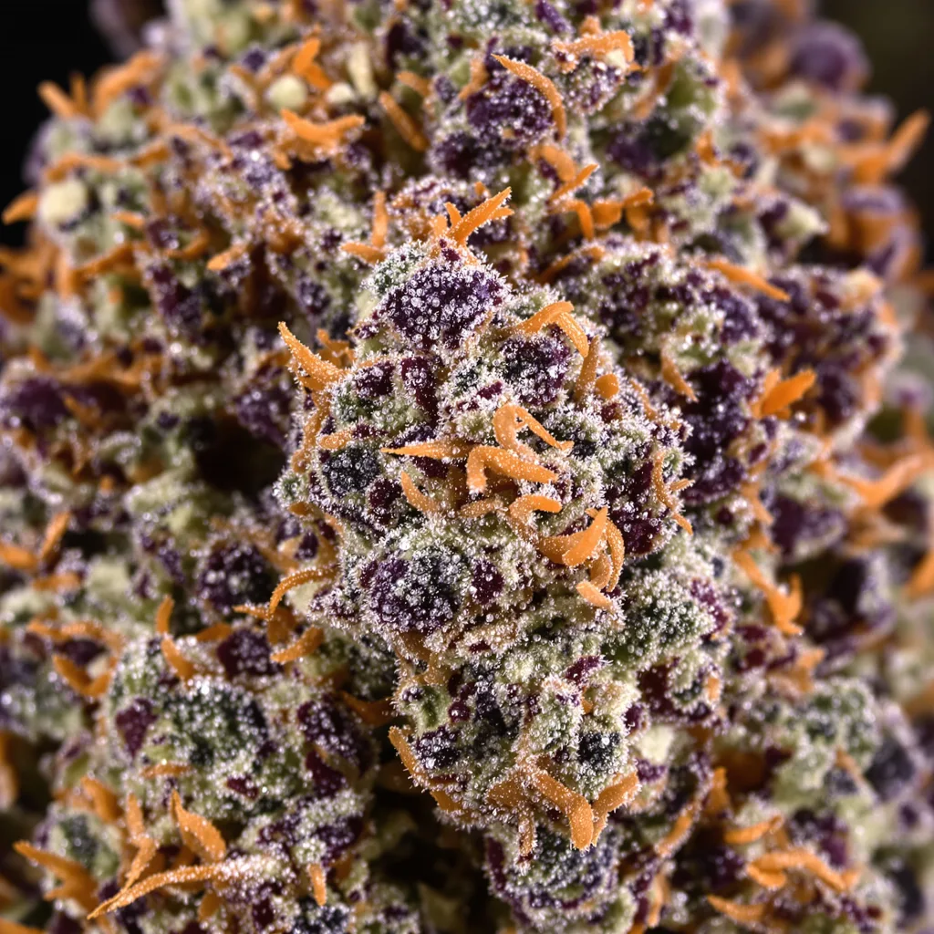Gros plan de fleur de cannabis Ayahuasca Purple montrant calices denses aux reflets violets