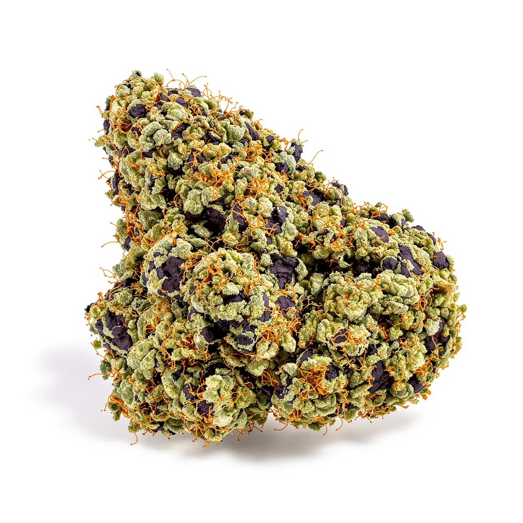 Ayahuasca Purple 73% indica / 27% sativa — fleur avec trichomes visibles