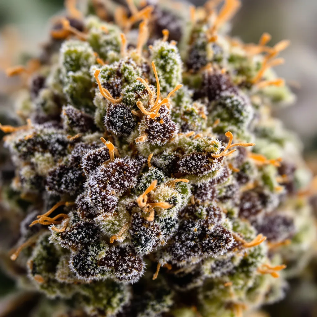 Gros plan de fleur de cannabis Ayahuasca Purple montrant calices denses aux reflets violets