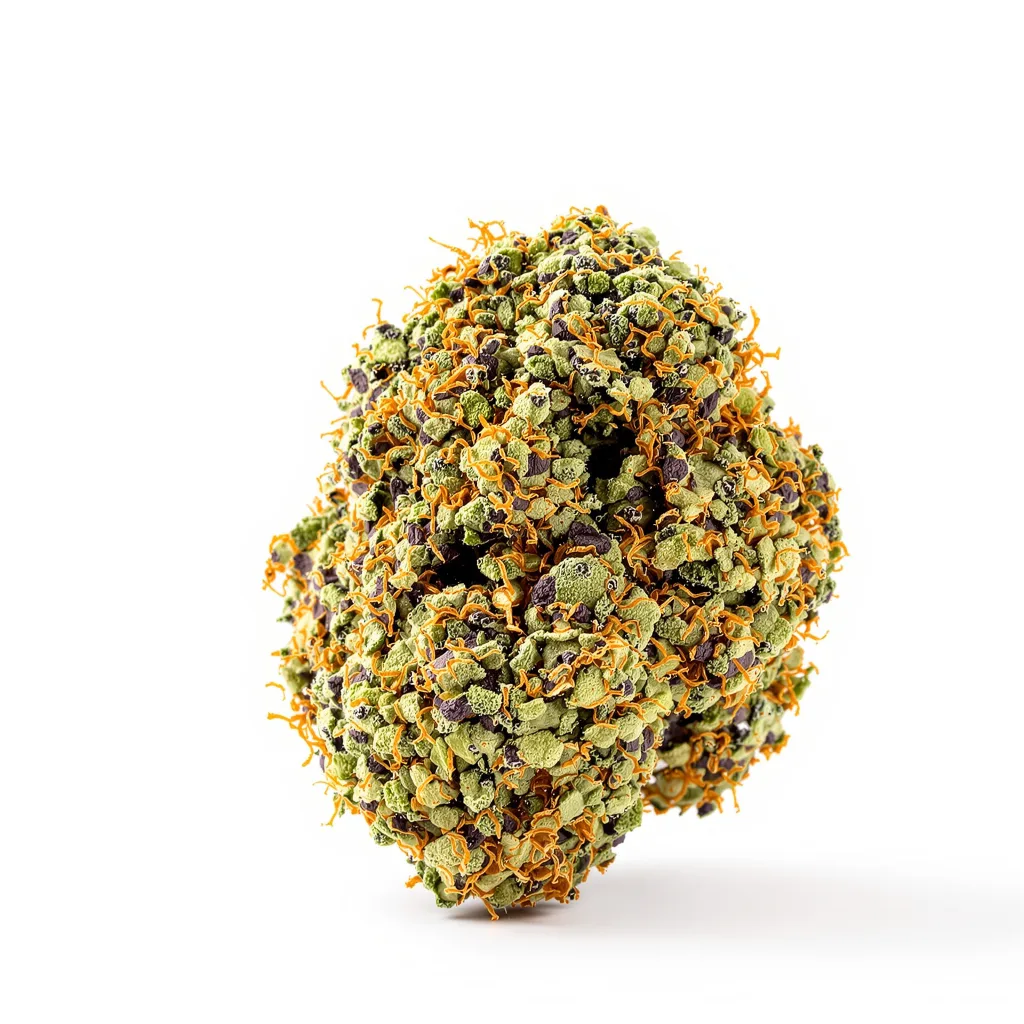 Ayahuasca Purple 73% indica / 27% sativa — fleur avec trichomes visibles