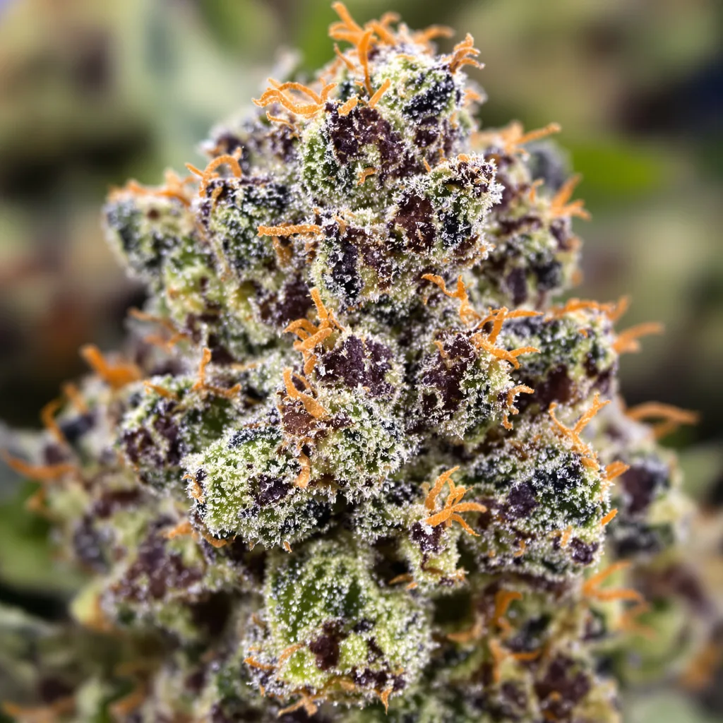 Gros plan de fleur de cannabis B-52 montrant calices denses aux reflets violets