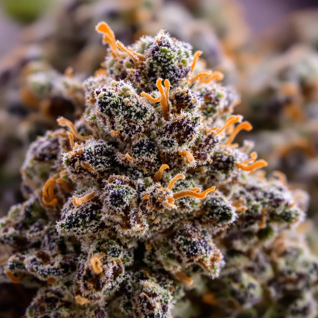 Gros plan de fleur de cannabis B-52 montrant calices denses aux reflets violets