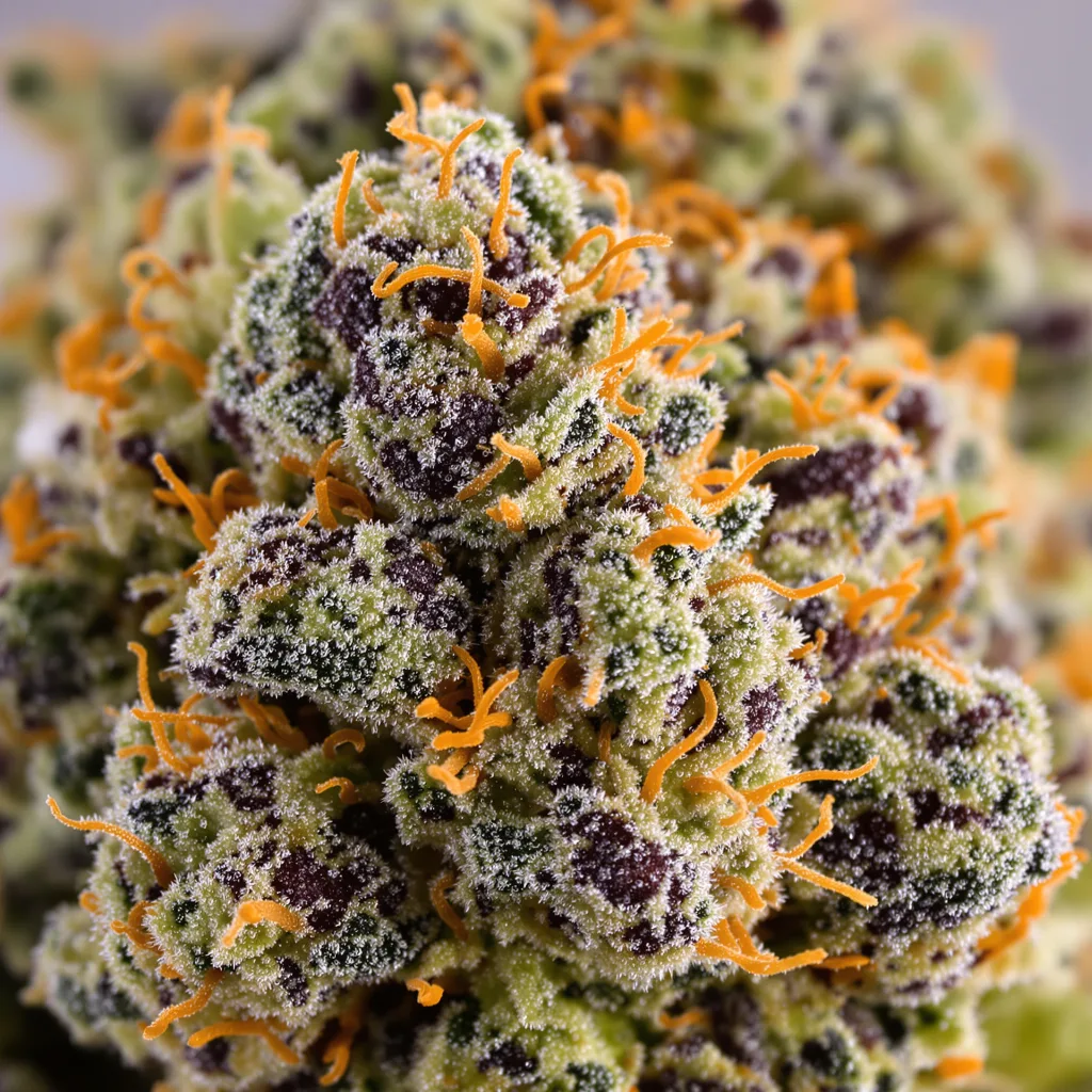 Gros plan de fleur de cannabis Badazz Cheese montrant calices denses aux reflets violets