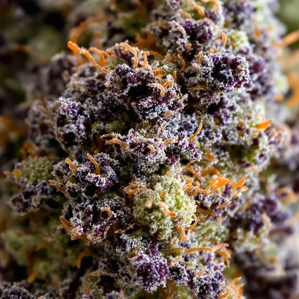 Gros plan de fleur de cannabis Badazz Rolex montrant calices denses aux reflets violets