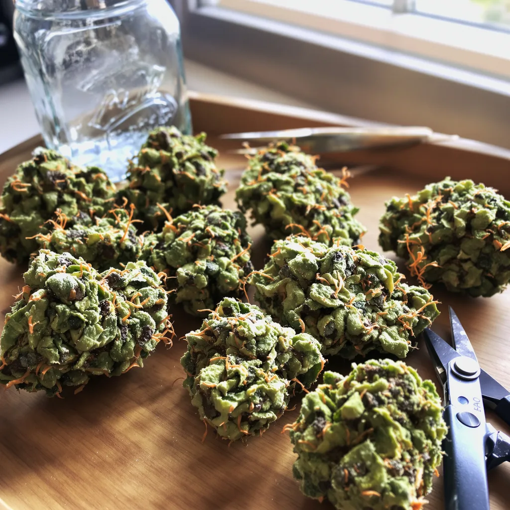 Baked Alaska 54% indica / 46% sativa — fleur avec trichomes visibles