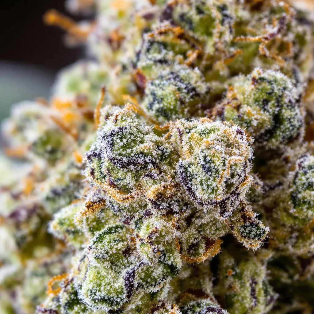 Gros plan de fleur de cannabis Baked Alaska montrant structure équilibrée avec trichomes givrés