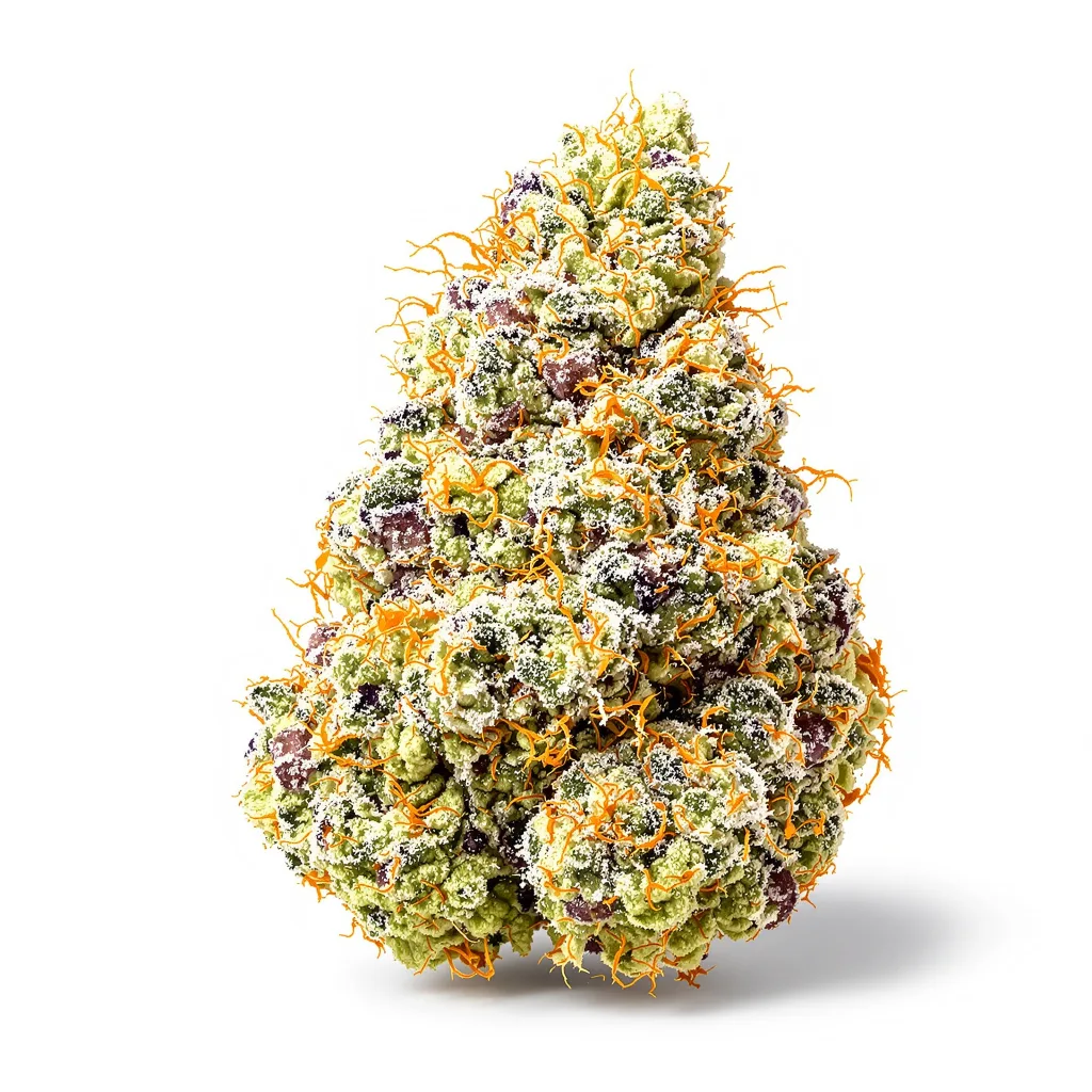 Baked Alaska 54% indica / 46% sativa — fleur avec trichomes visibles