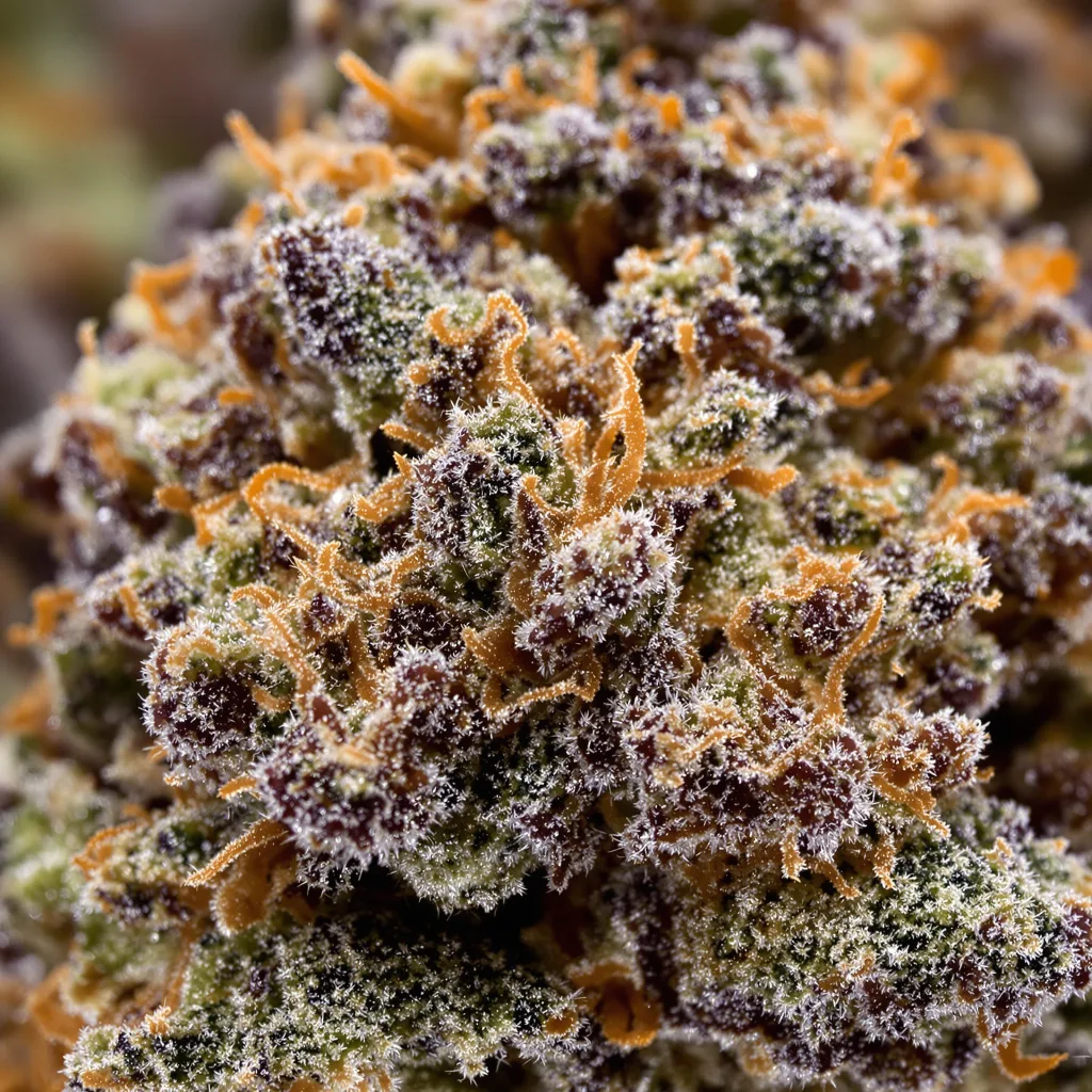 Gros plan de fleur de cannabis Baked Apple montrant calices denses aux reflets violets