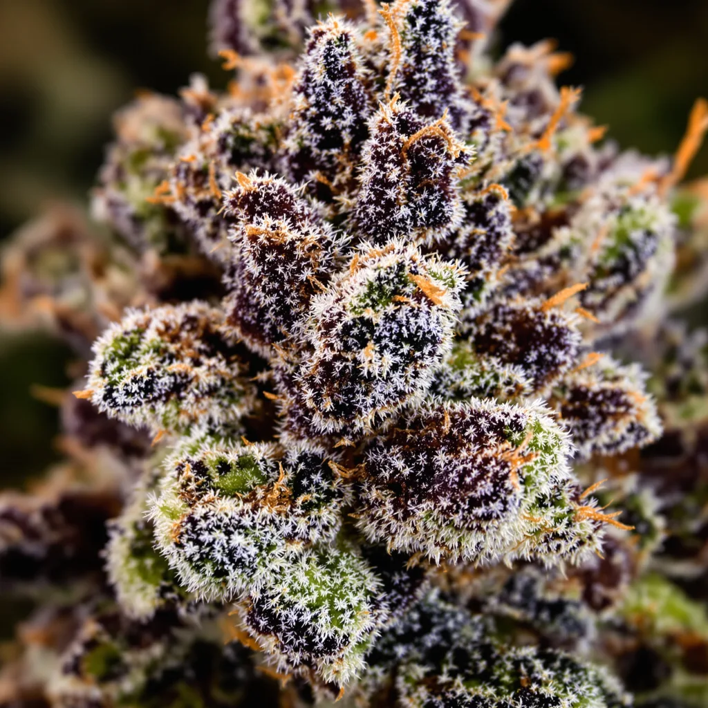 Gros plan de fleur de cannabis Bakerstreet montrant calices denses aux reflets violets