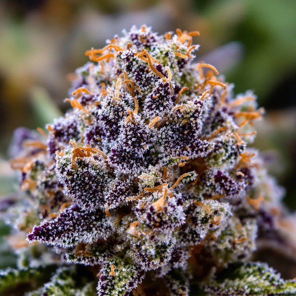 Gros plan de fleur de cannabis Banana Cooler montrant calices denses aux reflets violets
