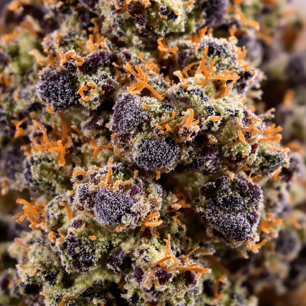 Gros plan de fleur de cannabis Banana Cream OG montrant calices denses aux reflets violets
