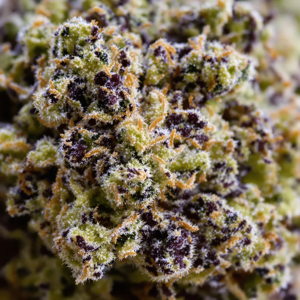 Gros plan de fleur de cannabis Banana Cream OG montrant calices denses aux reflets violets