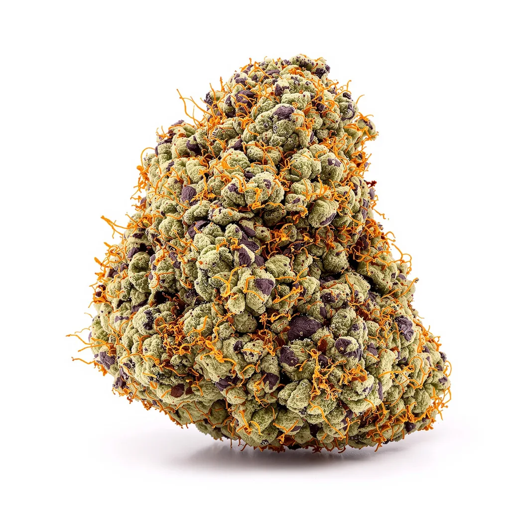 Banana Cream OG 73% indica / 27% sativa — fleur avec trichomes visibles