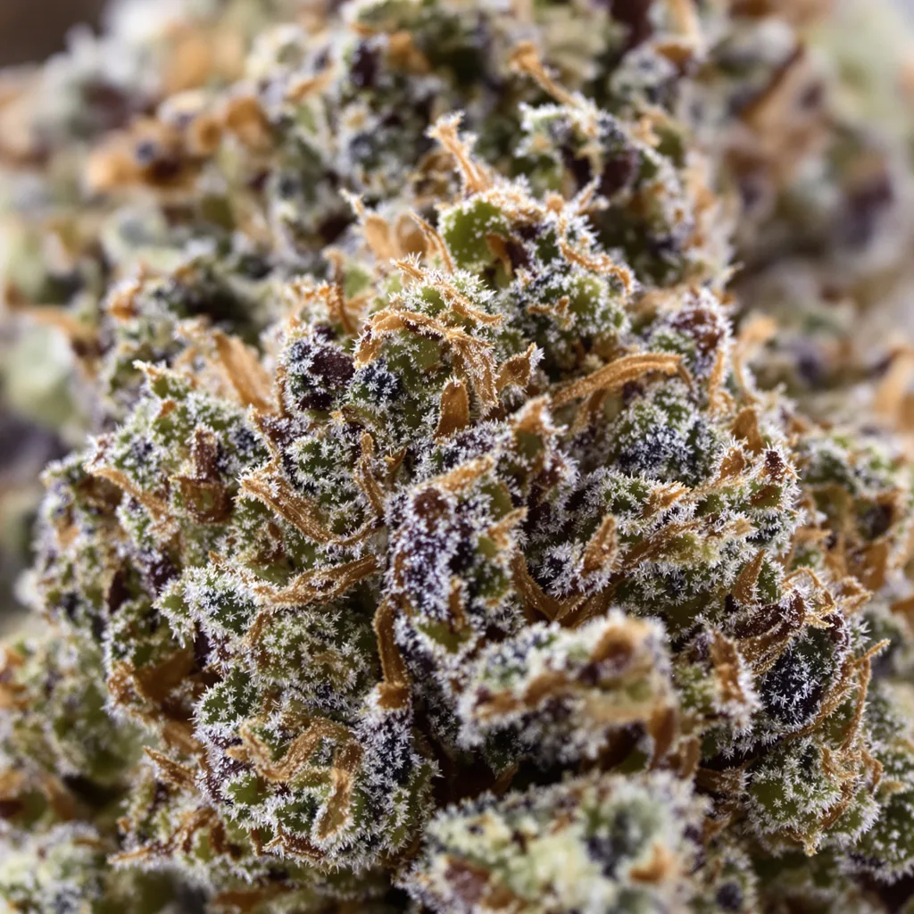 Gros plan de fleur de cannabis Banana Diesel montrant calices denses aux reflets violets