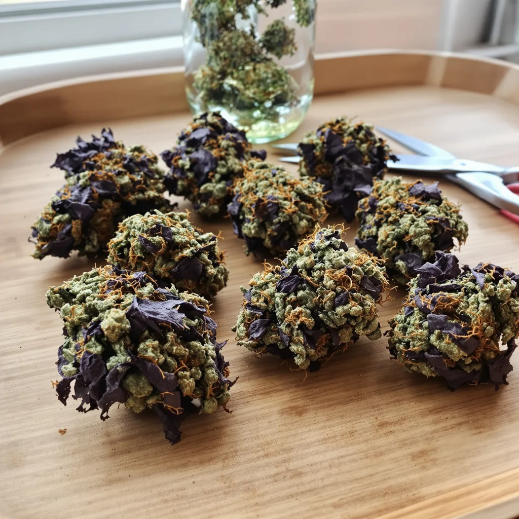 Banana Kush 76% indica / 24% sativa — fleur avec trichomes visibles