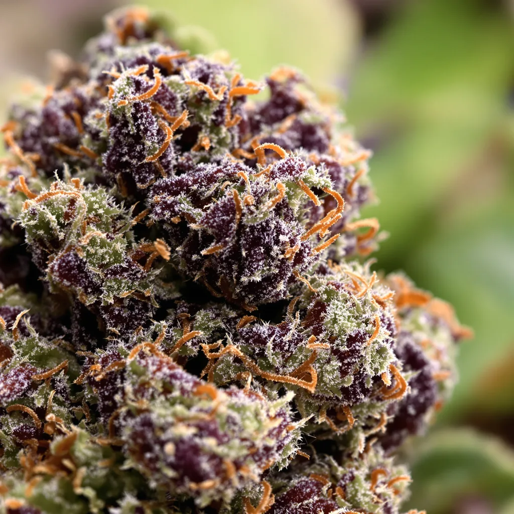 Gros plan de fleur de cannabis Banana OG montrant calices denses aux reflets violets