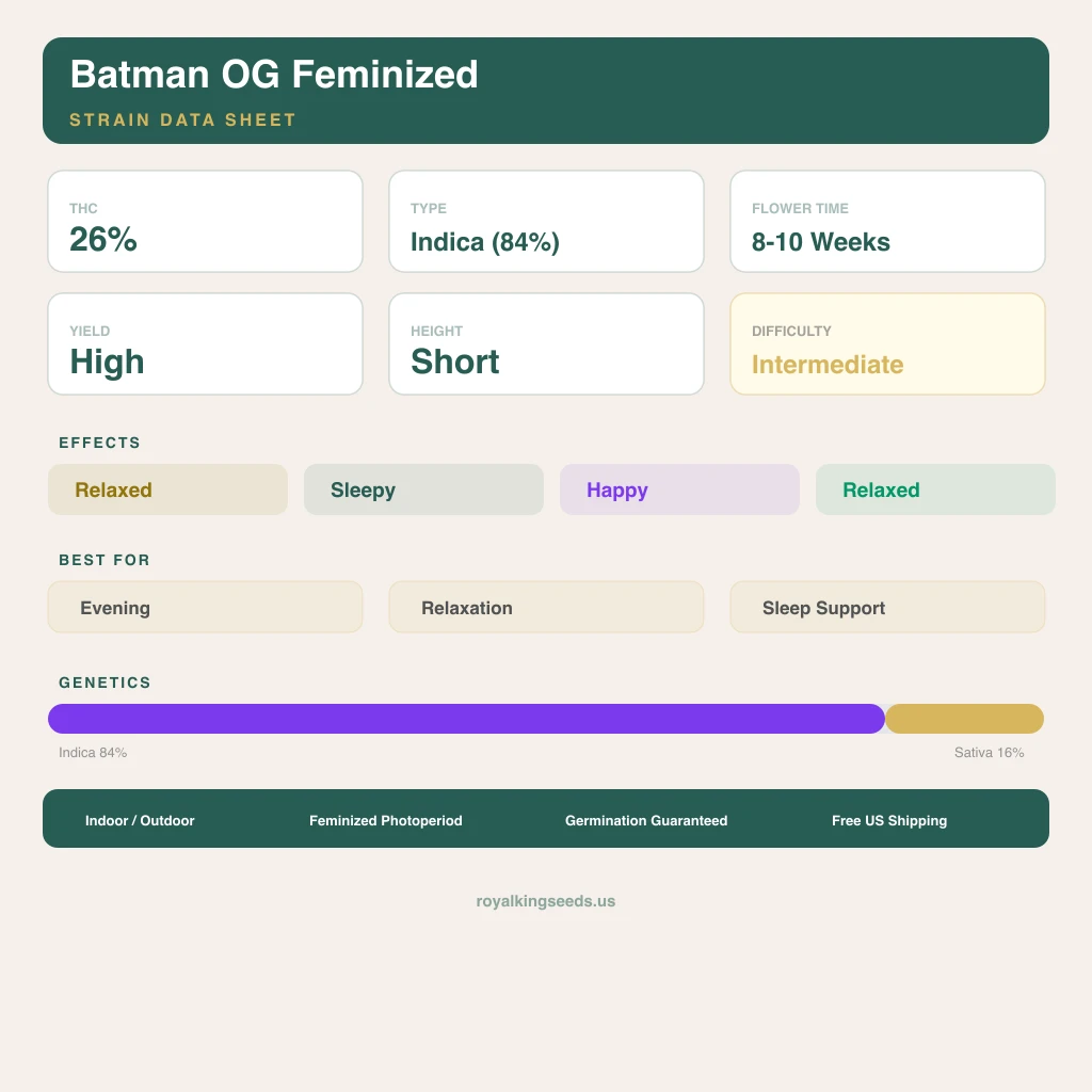 Batman OG 84% indica / 16% sativa — fleur avec trichomes visibles