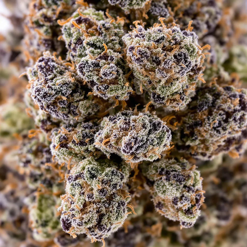Gros plan de fleur de cannabis Batman OG montrant calices denses aux reflets violets