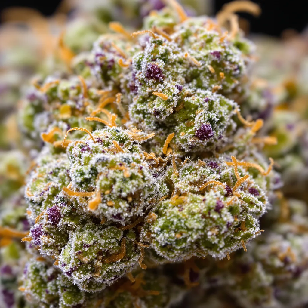 Gros plan de fleur de cannabis Bay 11 montrant structure équilibrée avec trichomes givrés
