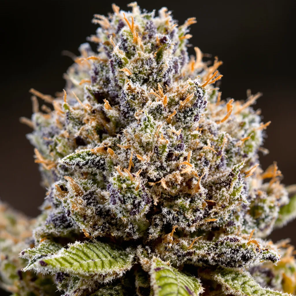 Gros plan de fleur de cannabis Bay Dream montrant calices denses aux reflets violets
