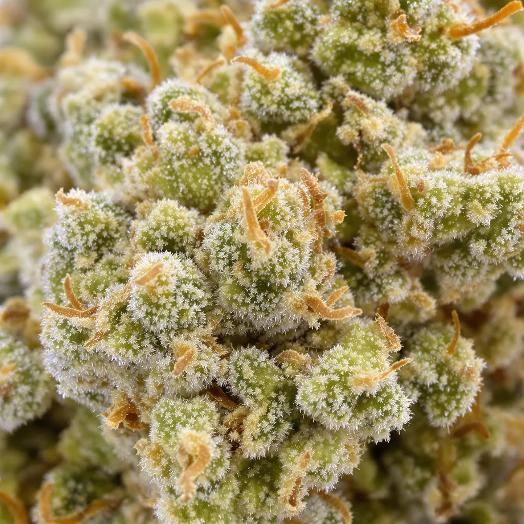 Gros plan de fleur de cannabis BCN Diesel CBD montrant fleur claire à faible résine