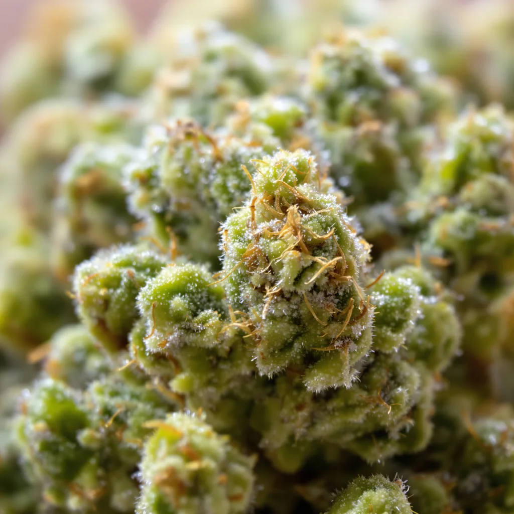 Gros plan de fleur de cannabis Bear Dance montrant structure aérée vert lime